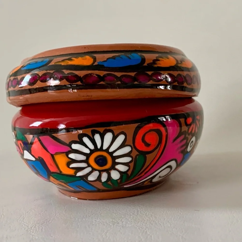 HAND PAINTED MEXICAN RED CLAY POTTERY FOLK ART OBLONG BOX CALLA LILY